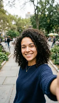 Portrait selfie of a woman with curly dark hair