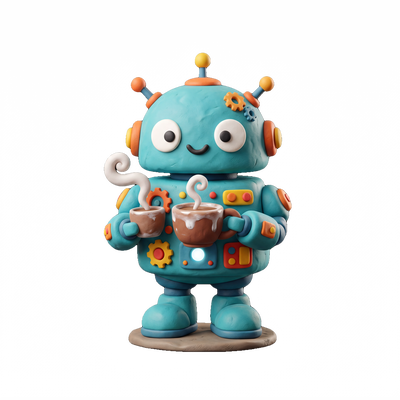 Clay robot holding coffee